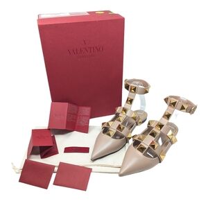 NIB Valentino Garavani Roman Stud Nude Pointed Cage Ballerina Flat Size EU 38.5
